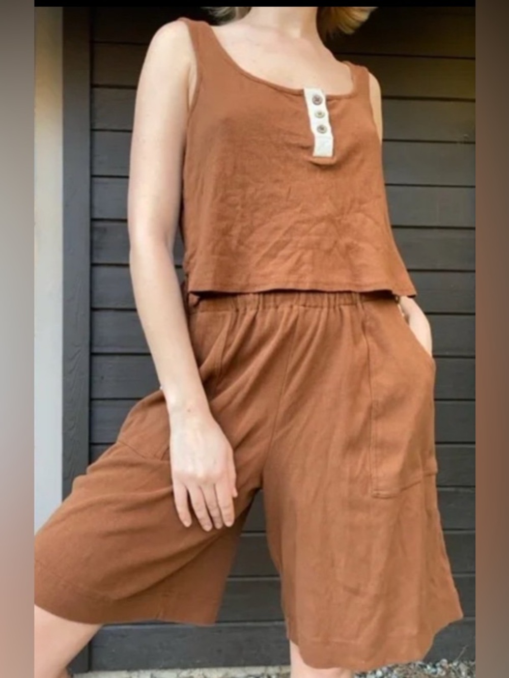 NWOT FP Beach set cropped top/oversized pockets Bermuda pants casual beach Med